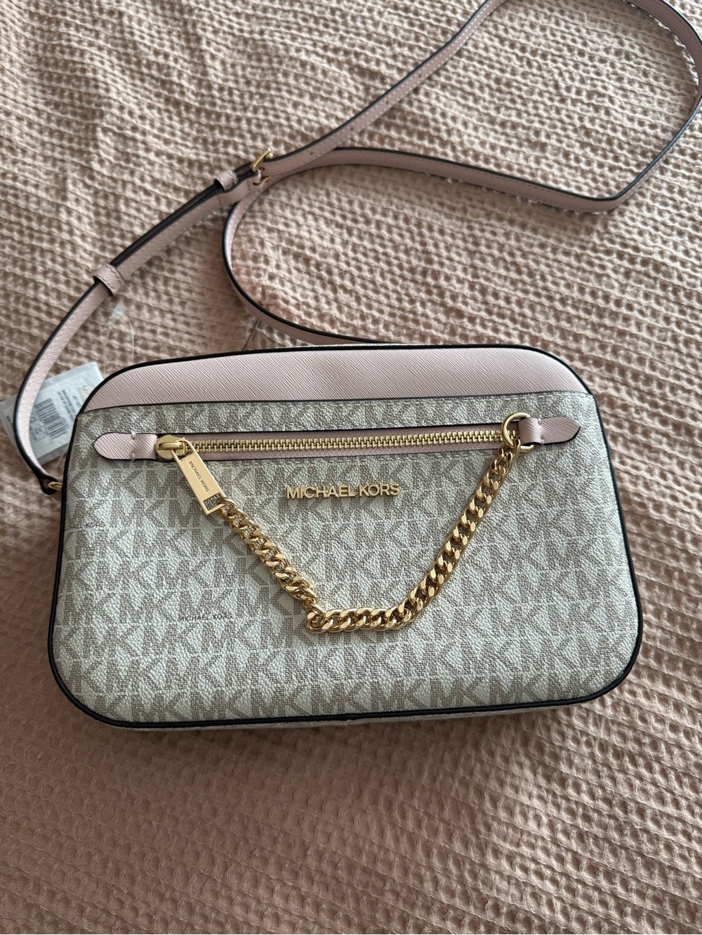 Michael Kors Beige Signature MK Crossbody with Pink Trim and Gold Chain